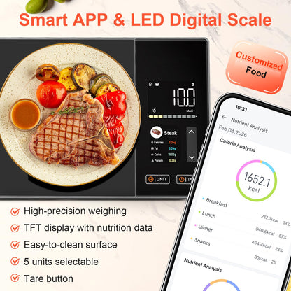 Smart Kitchen Food Scale with Nutritional Calculator, Calorie Fat Carbs Protein Tracker, Free App, Barcode Scan, Food Preload, On-Screen Nutrient Display, Personal Goals, 11 lb / 5 kg