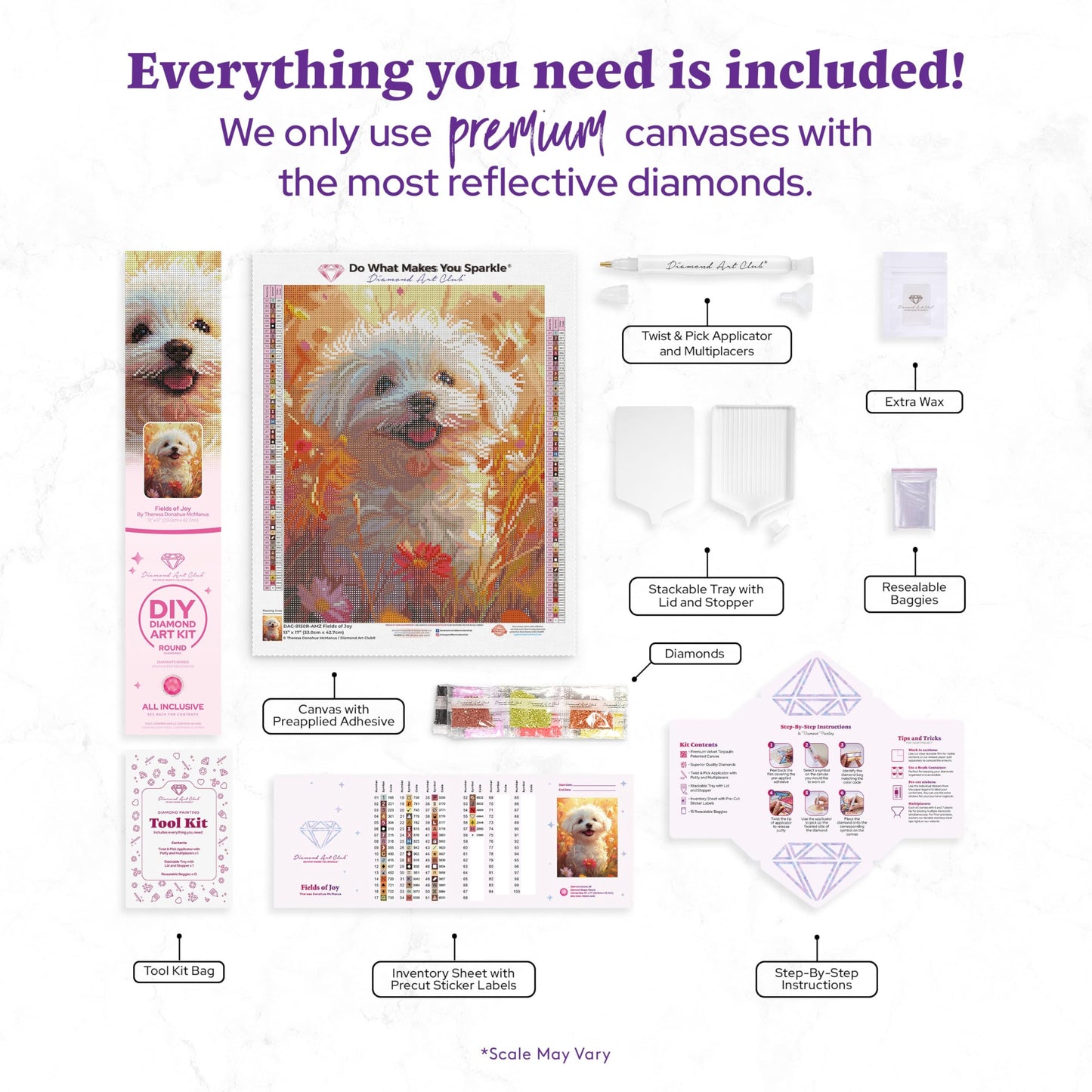 DIAMOND ART CLUB Fields of Joy - Maltese Diamond Painting Kit, Fun DIY Crafts for Adults, Round Diamond Art Canvas, 13" x 17" (33 cm x 42.7 cm)