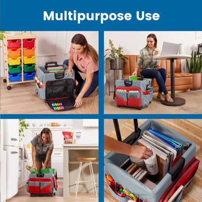 ECR4Kids Universal Rolling Cart with Canvas Organizer Bag, Mobile Storage, Red/Grey