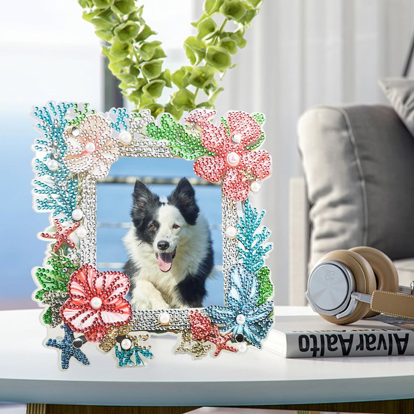 AIRDEA 5D Diamond Art Painting Desktop Photo Frame Ornament,Special Shape Diamond Painting Frame Kits for Adults,8x8in/20x20cm,Corals Starfish