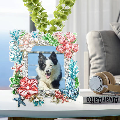 AIRDEA 5D Diamond Art Painting Desktop Photo Frame Ornament,Special Shape Diamond Painting Frame Kits for Adults,8x8in/20x20cm,Corals Starfish