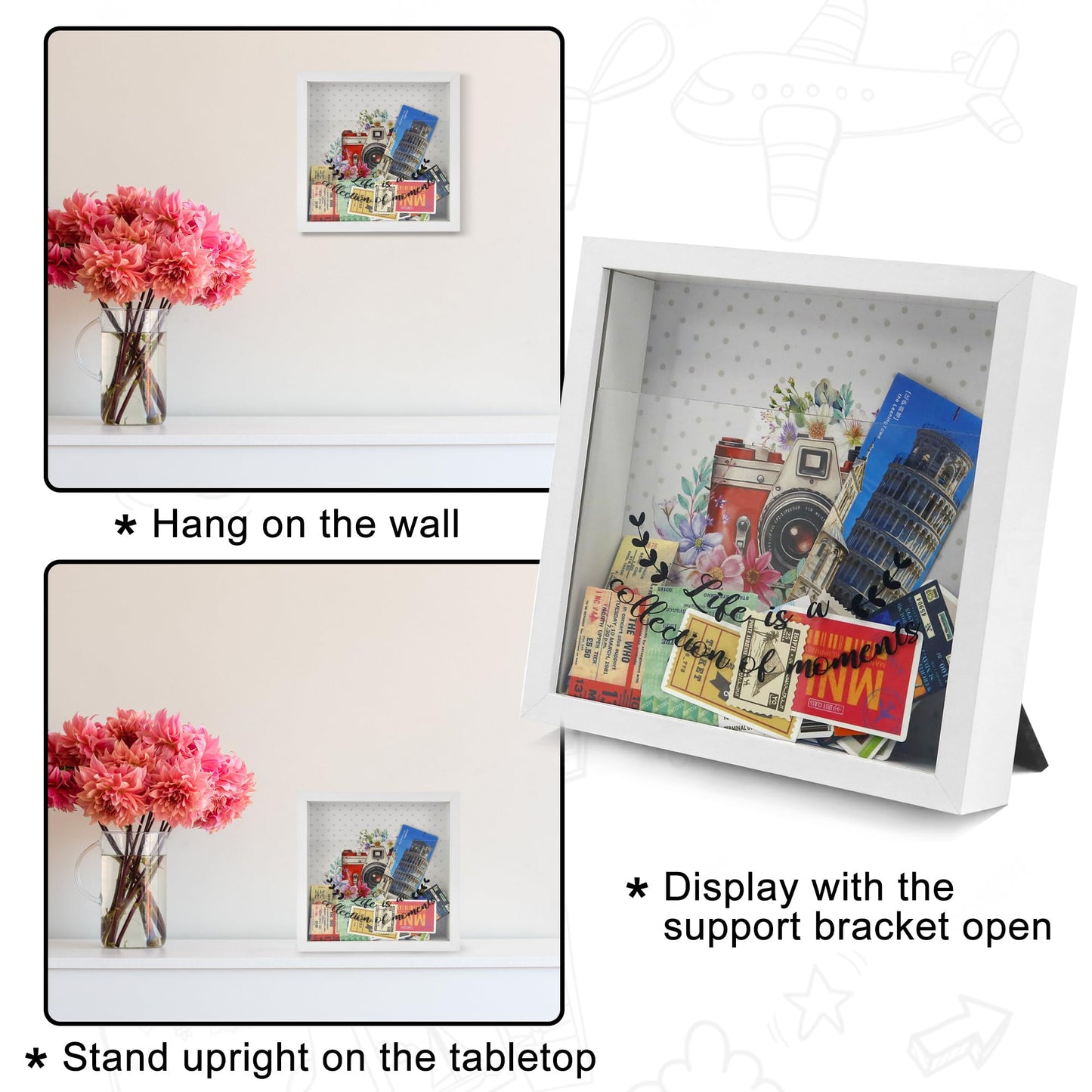 FramePro 8"x8" Travel Memory Shadow Box with Slot - Ticket Stub Organizer & Memory Box for Keepsakes, Shadow Box Frame Display Case for Photos and Tickets, Wall Mount or Tabletop (White)