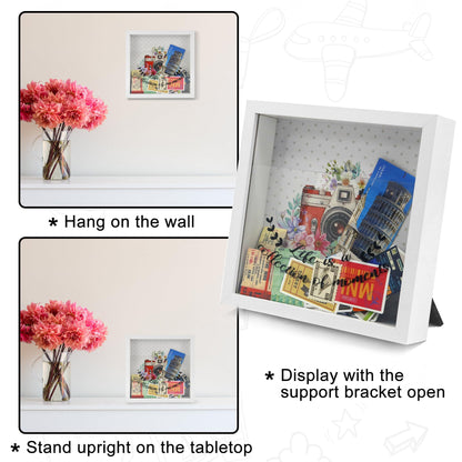 FramePro 8"x8" Travel Memory Shadow Box with Slot - Ticket Stub Organizer & Memory Box for Keepsakes, Shadow Box Frame Display Case for Photos and Tickets, Wall Mount or Tabletop (White)