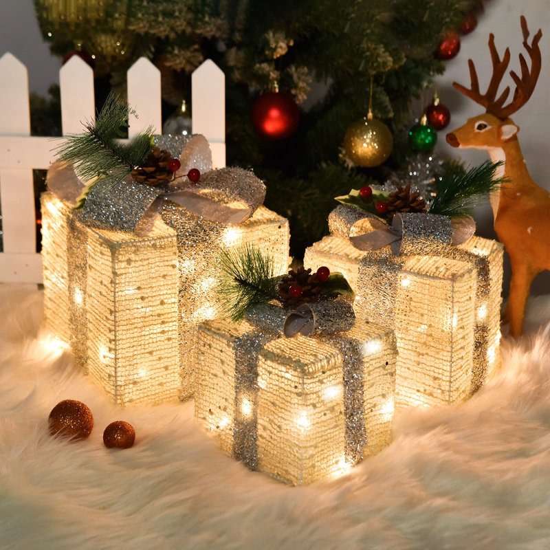 COVFEVER Christmas Lighted Gift Boxes, Pre-lit Lights Gold Linen Cloth Gift Boxes, Light up Present Boxes Set Battery Operated with Different Sizes for Holiday Indoor Outdoor Decorations (Gold Liene)