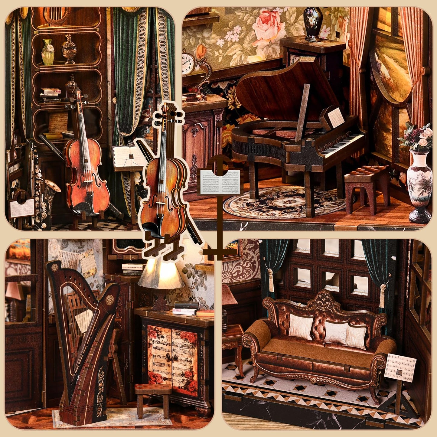 Book Nook Kit for Adults,360° View DIY Miniature Dollhouse Kit with LED, Classical Music Room 3D Wooden Puzzle Bookshelf Insert Decor, Creative Hobby Gift for Teens and Men