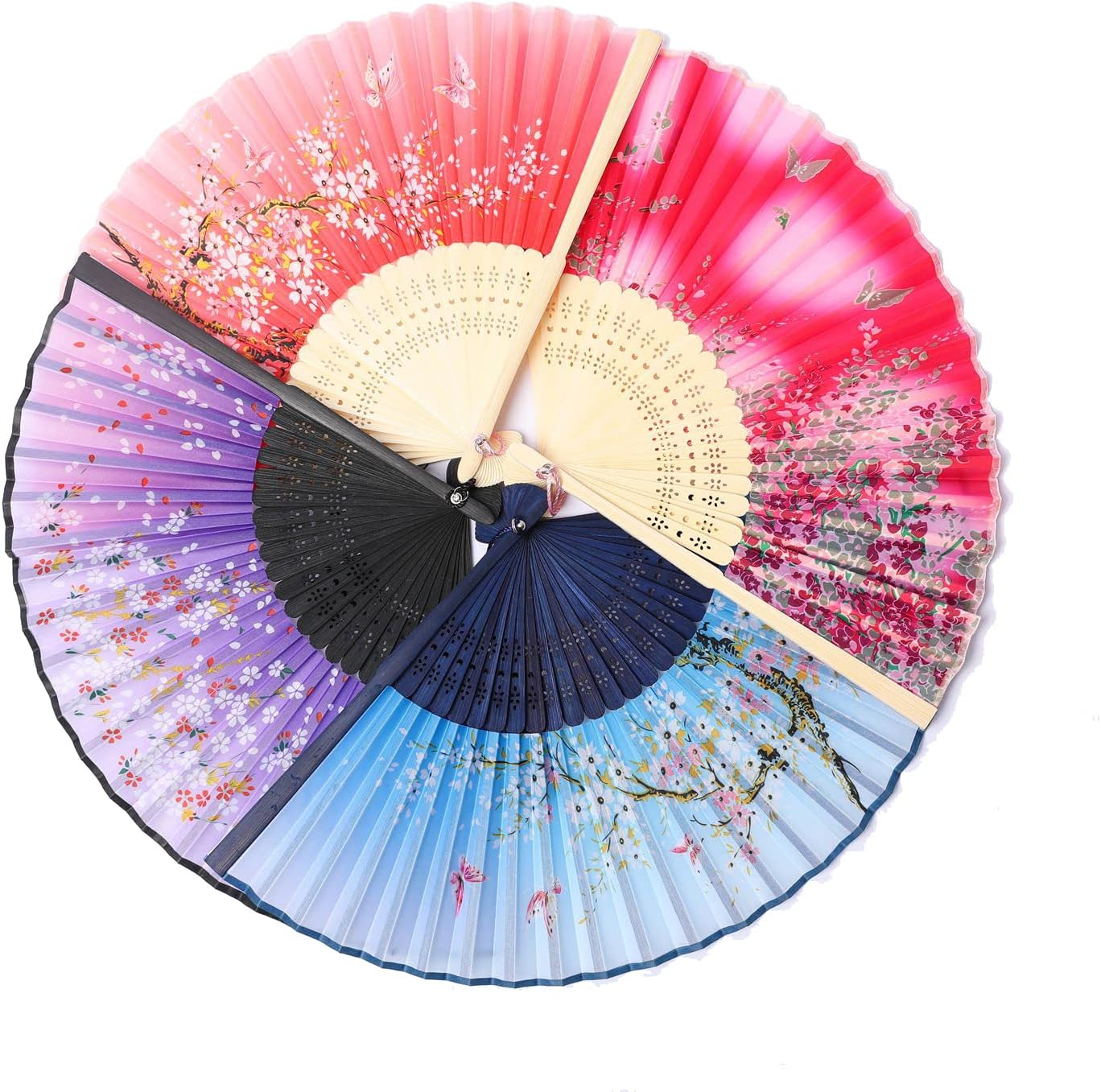 4 Pieces Handheld Fans, Vintage Silk Folding Fans with Bamboo Frames for Dancing Cosplay Wedding Party Props