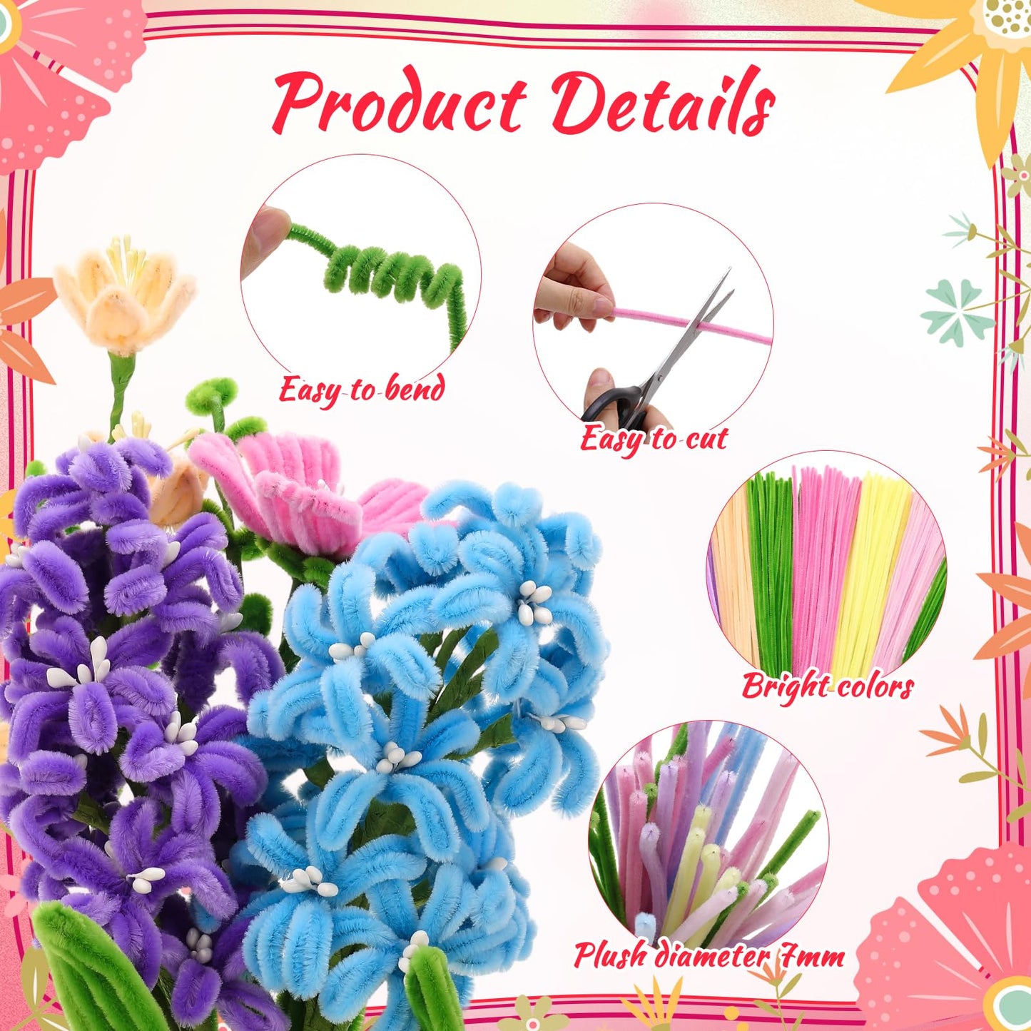 Ovveroche 1000 PCS Pipe Cleaners Craft, Pipe Cleaner Bulk Flower Kit with Handle, 7 Colors Chenille Stems Flower Making Kit with Floral Wires, Gardening Tape, Stamen, Ribbon for Art Craft Supplies