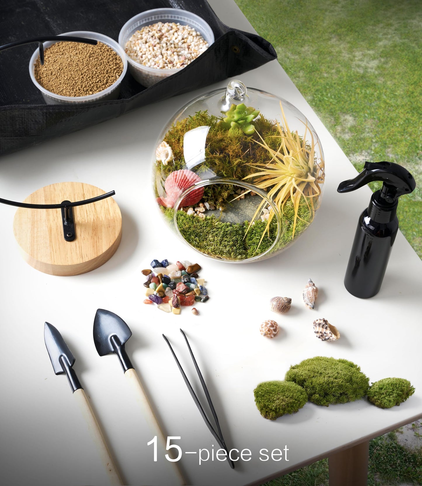 LUCKYRUNES DIY Terrarium Kit with Live Moss, 15-Piece Glass Globe Set with Wooden Stand, Tools, Soil, Stones & Spray Bottle, Indoor Mini Garden Gift for Plant Lovers, Home Desk Decor