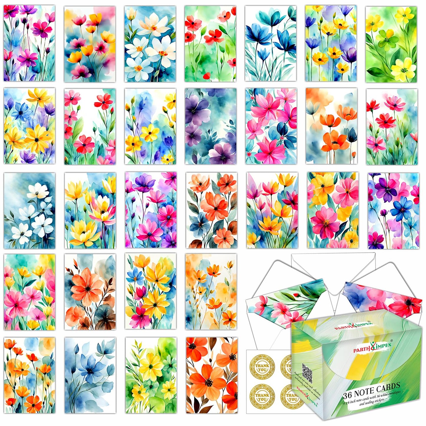 PARTH iMPEX 36 Floral Blank Note Cards With Envelopes - 4 x 6 inch All Occasion Greeting Cards, Watercolor Flowers Sympathy Thank You Notecards and Sealing Stickers
