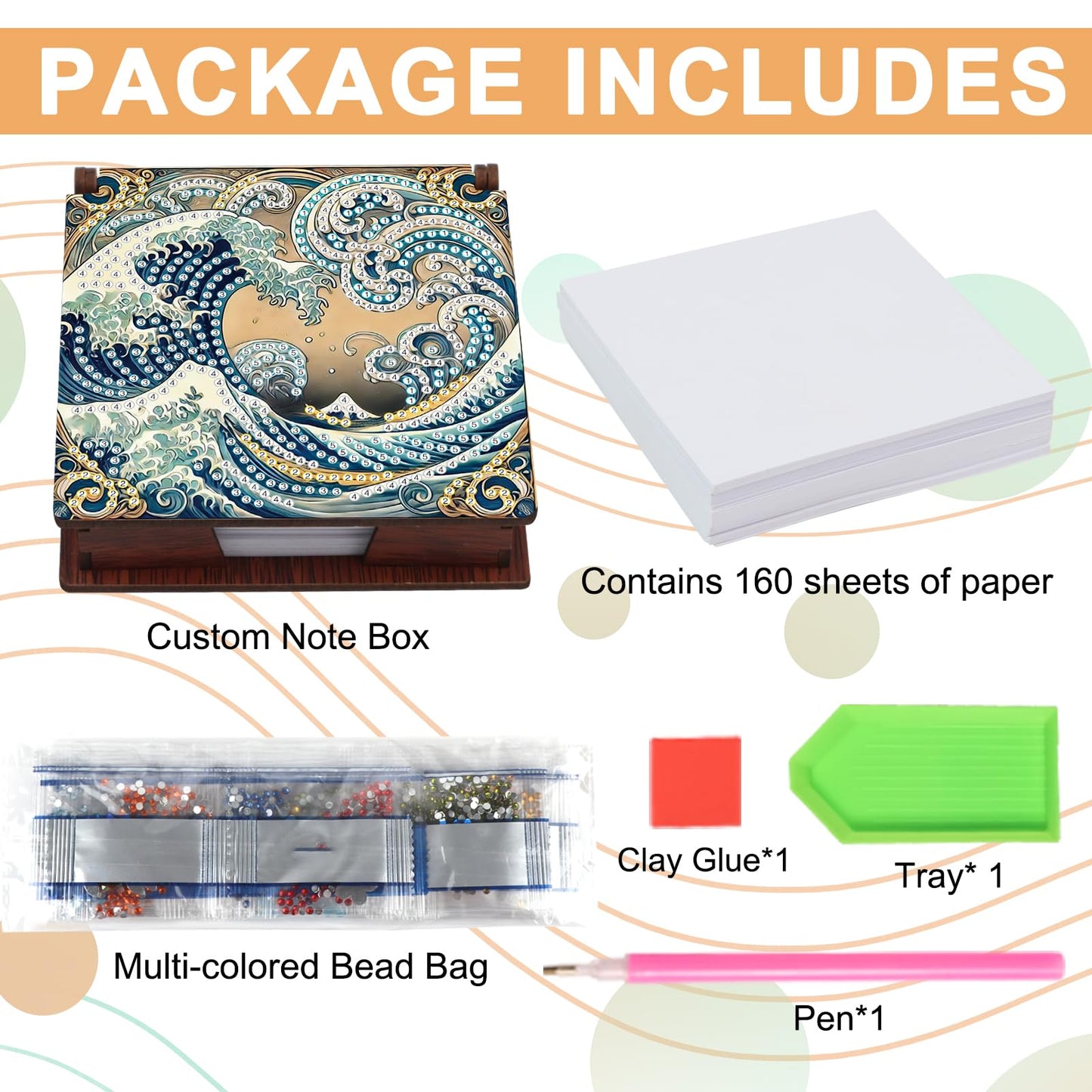 JISHSHAY Diamond Painting Note Box Sea Wave Diamond Art Sticky Note Holder Gem Art Notecard Box Gem Painting Mosaic Kits for Adults Embroidery Kit Memo Pad Holder, Contains 160 Sheets of Paper