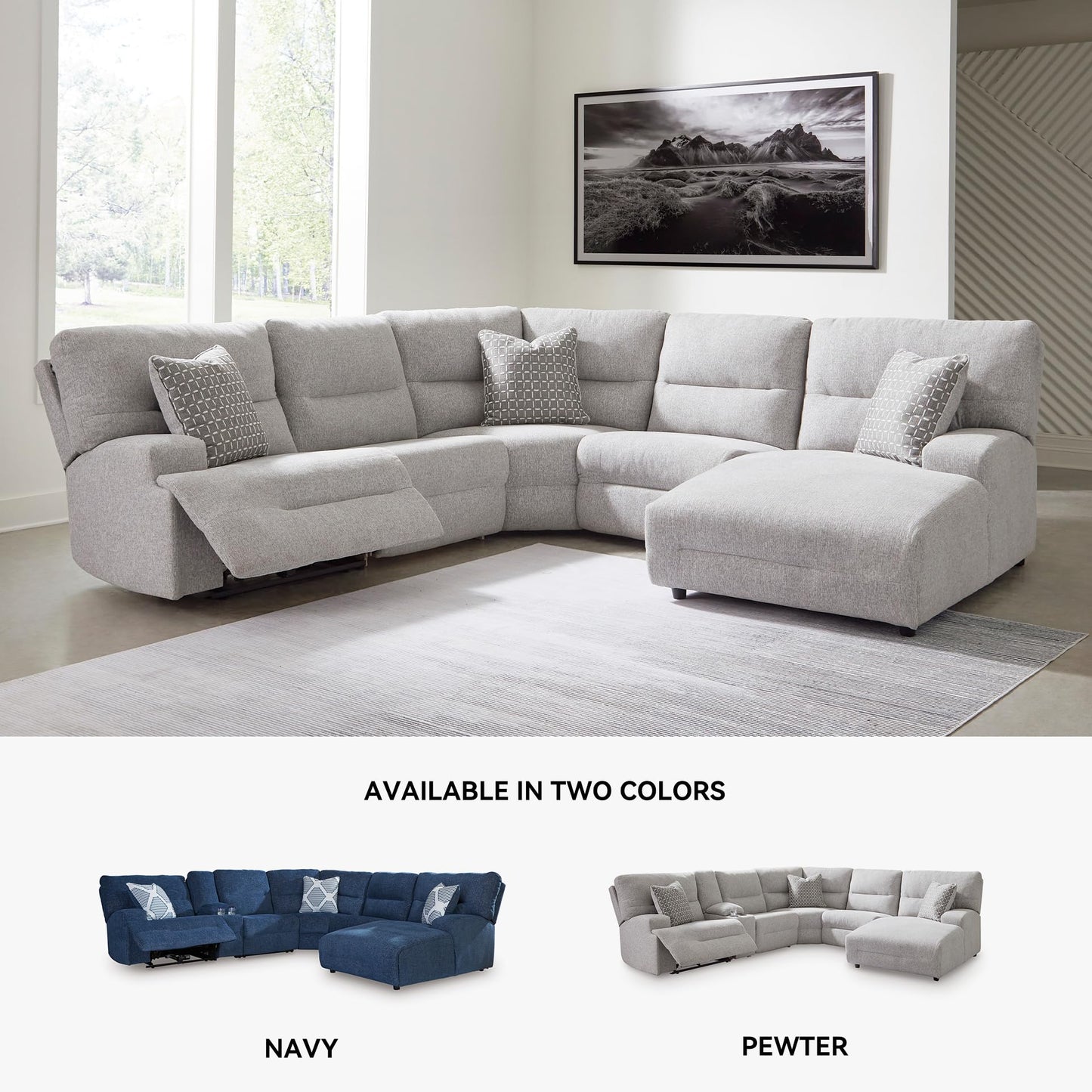 Signature Design by Ashley Acklen Place Modern U-Shaped Modular Stain-Resistant 6-Piece Power Reclining Sectional with Chaise, Adjustable Headrest, USB Charging Ports and Console, Light Gray