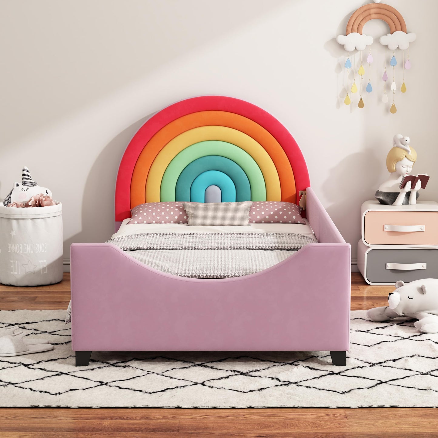 Merax Rainbow Design Velvet Upholstered Twin Daybed for Children's Room, Bedroom, Cute Style Metal Bed Frame with Solid Slats Support for Girls, Boys, Teens, No Box Spring Needed, Pink