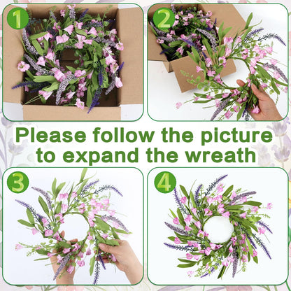 4 PCS Spring Summer Artificial Flowered Wreath Candle Rings Forsythia Lavender Candle Rings Pillar Holder Wreath Mini Floral Candle Rings Wreaths Kitchen Cabinet Swags for Wedding Home Tabletop Decor