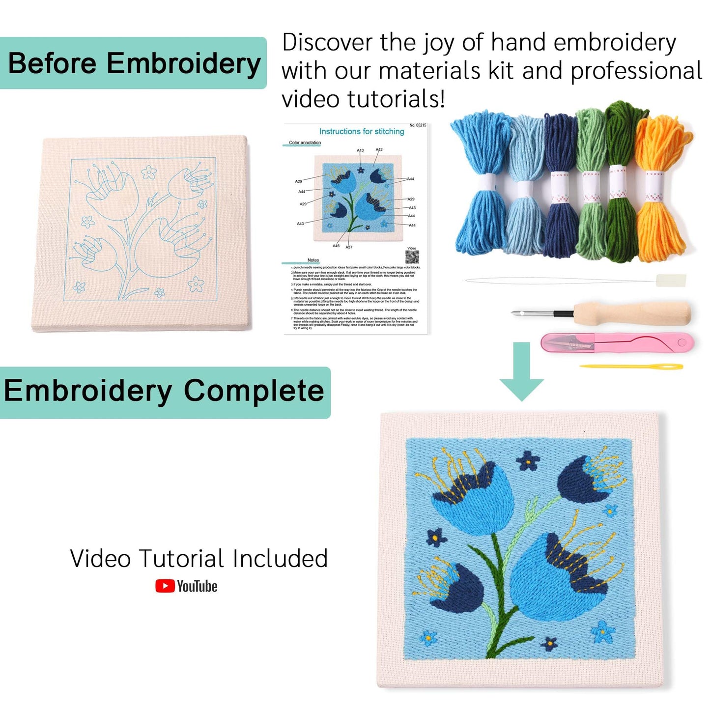 REEWISLY Embroidery Starter Kits for Beginner,Punch Needle Fabric with Pattern,Threader, Yarns,Pinch Needle, Embroidery Hoops & Rug Punch (Blue1)