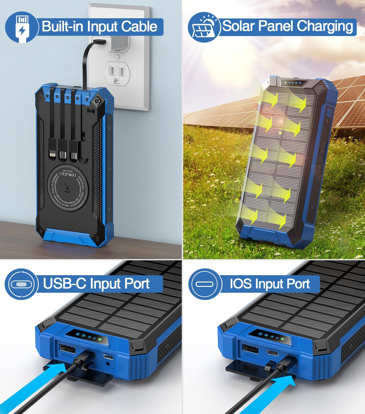 GOODaaa Power Bank Wireless Charger 36000mAh Built in 4 Cables Six Outputs 15W Fast Charging Power Bank for All Mobile Devices Three Inputs Solar Portable Charger with Dual Flashlights, Carabiner