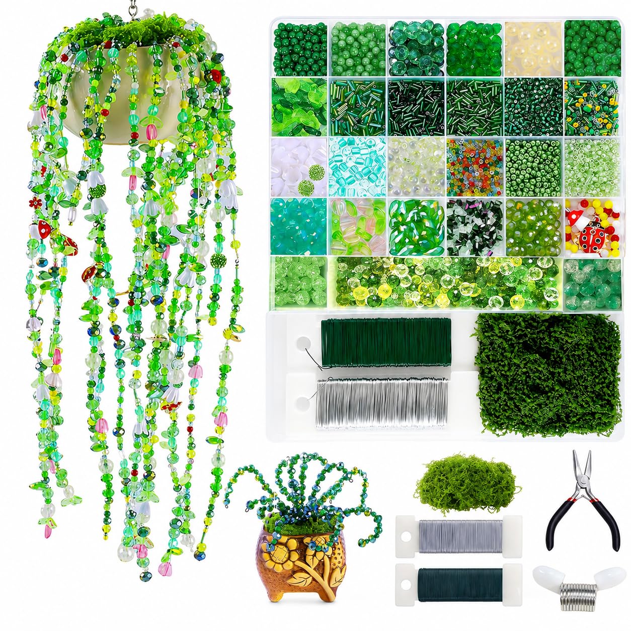 5422PCS Forever Plant Bead Kit, Green Glass Beads for Beaded Plants & Succulent DIY Crafts, Sun Catcher Home Decor Kit with Leaf Flower Beads, Moss, Floral Wire,Bead Stop Clamp (no pot & foam block)