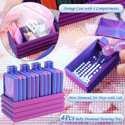 Diamond Painting Trays with Lid, 4Pcs Diamond Art Tray with 4 Compartments Diamond Painting Storage Organizers Case, Tweezers, Brushes, 16pcs Ziplock Pouches Bags for Diamond Art Kit (Blue Purple)