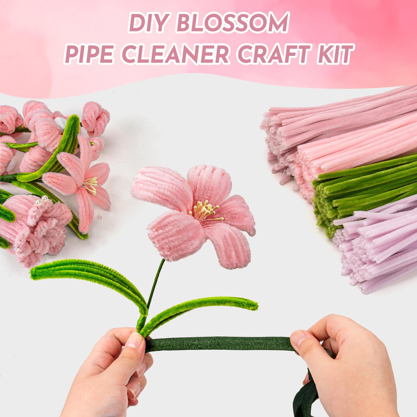 Upgraded 2026 Pipe Cleaners Craft Kit: 400-Piece DIY Flower Making Supplies with Exclusive Color Palette | Includes Chenille Stems, Floral Wire, Gardening Tape, Stamen & Ribbon for Kids Arts & Crafts
