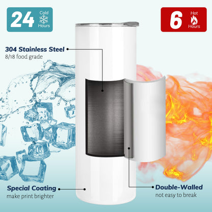 12 Pack Sublimation Tumblers 20 oz Bulk Blank Tumblers Skinny Straight Flat Bottom Cups White with Lid and Straw