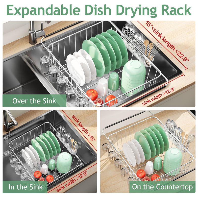 Fanbsy Dish Drying Rack in Sink, Extendable Stainless Steel Dish Drainers for Kitchen Counter, Anti-Rust Dish Dryer Rack with Utensil & Cup Holders, for Inside Sink, Over The Sink