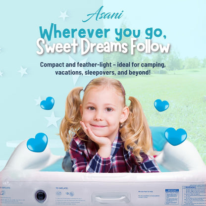 4ft Asani Inflatable Toddler Travel Bed, Electric Pump, Leakproof Air Mattress, Bumpers, Carry Case, Pillow - Fits Kids