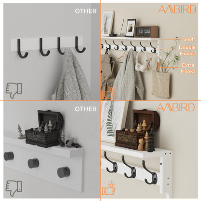 AMBIRD Coat Rack Wall Mount, 35 Inch Large Coat Hooks Wall Mounted with 7 Dual Metal Hooks and 2 Side Hooks, Wall Hooks with Shelf in Entryway, Kitchen, Living Room, Bathroom, Bedroom (White)