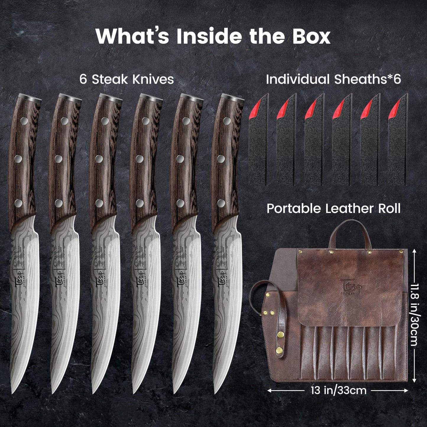 SYOKAMI Steak Knives Set of 6 with Portable Leather Roll & Individual Sheaths, 4.8 Inch Non Serrated Dinner Knives, High Carbon Stainless Steel, Full Tang Wood Handle, Gift Box for BBQ Outdoor Dining
