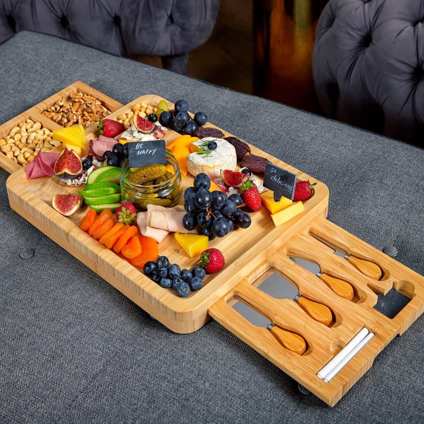 RoyalHouse Unique Bamboo Cheese Board & Knife Set with 2 Slide-Out Cutlery Drawers - Charcuterie Boards Set - Gifts for Women Birthday, Wedding Couples 2025, Bridal Shower