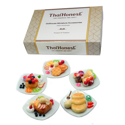 Miniature Dessert Plate Set – 5 Assorted Handmade Clay Treats with Pancakes, Waffles & Ice Cream – 1:6 Scale Dollhouse Food on 1-Inch Ceramic Plates – Realistic Mini Food Decor