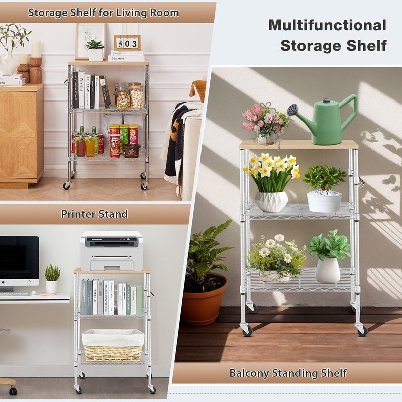 BolDuck 450Lbs Capacity Microwave Cart with Wheels, 3 Tier Rolling Cart with Adjustable Shelves, Multifunctional Metal Utility Storage Kitchen Carts on Wheels, 23.6" L*15.7" W*37" H, Wood+Chrome