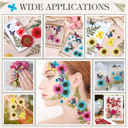 Amyhill 2 Pcs Glass Pressed Flower Frame with Dried Pressed Flowers, Brass Double Glass Photo Frame Includes 72 Pcs Real Dried Flowers, 65 Piece Butterfly Stickers and Tweezer for Handicrafts
