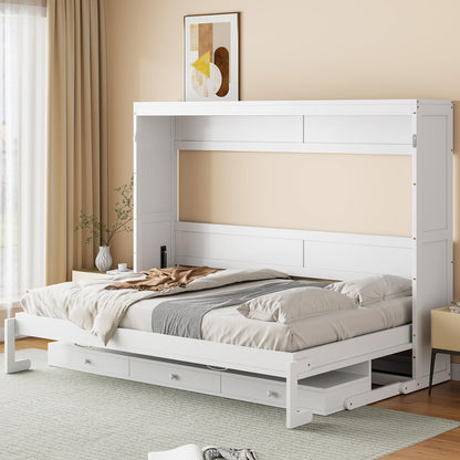 Merax Queen Size Murphy Bed with Vanity Desk, Foldable Murphy Cabinet Bed with Center Mirror and 2 Side Storage Drawers, Wood Space-Saving Hidden Wall Bed Cabinet for Guest Room Office, White
