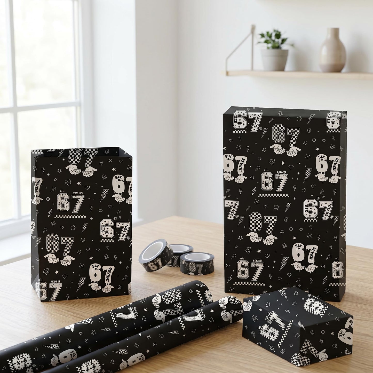 Joviwrap 6 7 Funny Number Wrapping Paper Roll, Black White Graffiti Style Wrapping Paper with Checkered Pattern, Playful Humor Design for 6 7 Fans Teens Birthday Party Supplies, 17 In x 16.4 Ft