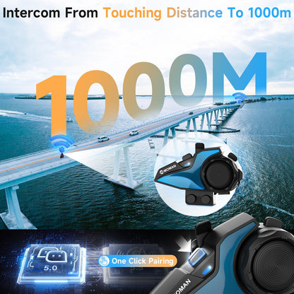Motorcycle Intercom Headset, Moman H2E Eagle-Like Communication System with Dual Chips for Audio Multitasking HiFi Sound/Music Sharing/FM/AI Voice (2Pack), Motorcycle-Intercom-Helmet-Headset-Headphone
