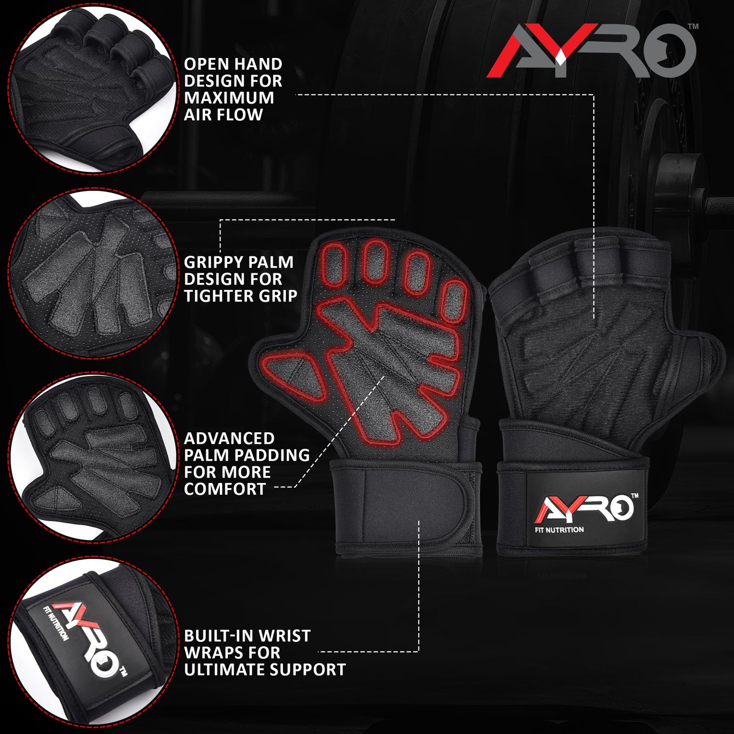AYRO Workout Gloves for Men & Women – Gym Gloves for Men, Weight Lifting Gloves, with Wrist Support, Breathable Palm Padding, Non-Slip Grip – Ideal for Gym, Fitness, Cross Training, Cycling Gloves