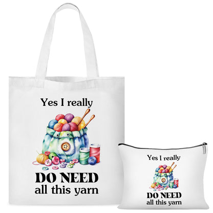 Canvas Crochet Tote Bag for Women - 2 Pcs Aesthetic Cosmetic Pouch Tote Bags, Yarn Pattern Fun Quote Design Reusable Grocery Bags, Gifts for Crochet Lovers Mom Friends