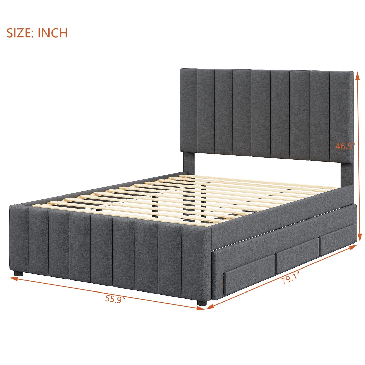 Merax Full Size Upholstered Platform Bed with Trundle and 3 Storage Drawers, Full Bed Frame & Tall Stripe Headboard for Bedroom, Solid Wood Slats Support, No Box Spring Needed, Easy Assembly, Gray