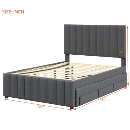 Merax Full Size Upholstered Platform Bed with Trundle and 3 Storage Drawers, Full Bed Frame & Tall Stripe Headboard for Bedroom, Solid Wood Slats Support, No Box Spring Needed, Easy Assembly, Gray