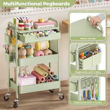 Rolling cart with Drawers - 3 Tier Metal Multifunctional Storage Organizors on Wheels with Tabletop, Hooks & Basket, Sturdy Craft & Art Cart for Bathroom, Bedroom, Children Room, Green