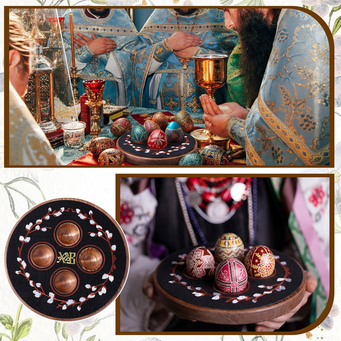 Vicenpal Greek Orthodox Easter Egg Holder Wooden Decorative Easter Egg Display Stand with Xb Embroidery Floral Pascha Patch Serving Tray Greek Pedestal Ukrainian Religious Gift for Orthodox Home Decor