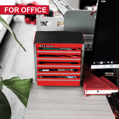 P.I.T. Mini Tool Box 8.6"W X 4.6"D, Portable 5-Drawer Micro Steel Stackable Toolbox with Liner, Red Cute Tool Case for Small Tools Parts Storage, Home DIY