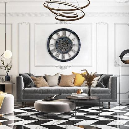 TOPPTIK 36 Inch Moving Gear Wall Clock, Oversized Wall Clocks, Clock Living Room Decor, Solid Wood Frame, Battery Operated, Large Wall Clock with Steampunk Industrial for Fireplace(Gray)