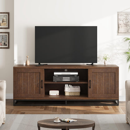 Garvee Farmhouse TV Stand for Living Room, Entertainment Center with 2-Tier Adjustable Shelves & Metal Leg, Wooden TV & Media Console Table for 75 Inch with Storage Compartments, Walnut