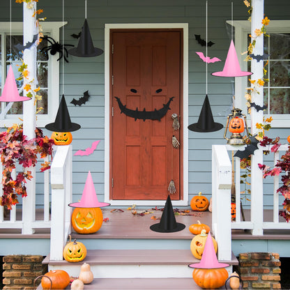 JarThenaAMCS 12Pcs Halloween Witch Hats with 16Pcs 3D Bat Stickers 109 Yard Hanging Rope Pink Black Hanging Witch Caps for Home Party Decoration