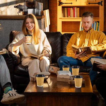 SIUQ 12 oz Coffee Cups-90 Pack Disposable Coffee Cups with Lids and Straws, Insulated Ripple Wall To Go Paper Coffee Cup for Coffee, Hot Chocolate and Hot Tea Drinks - Champagne