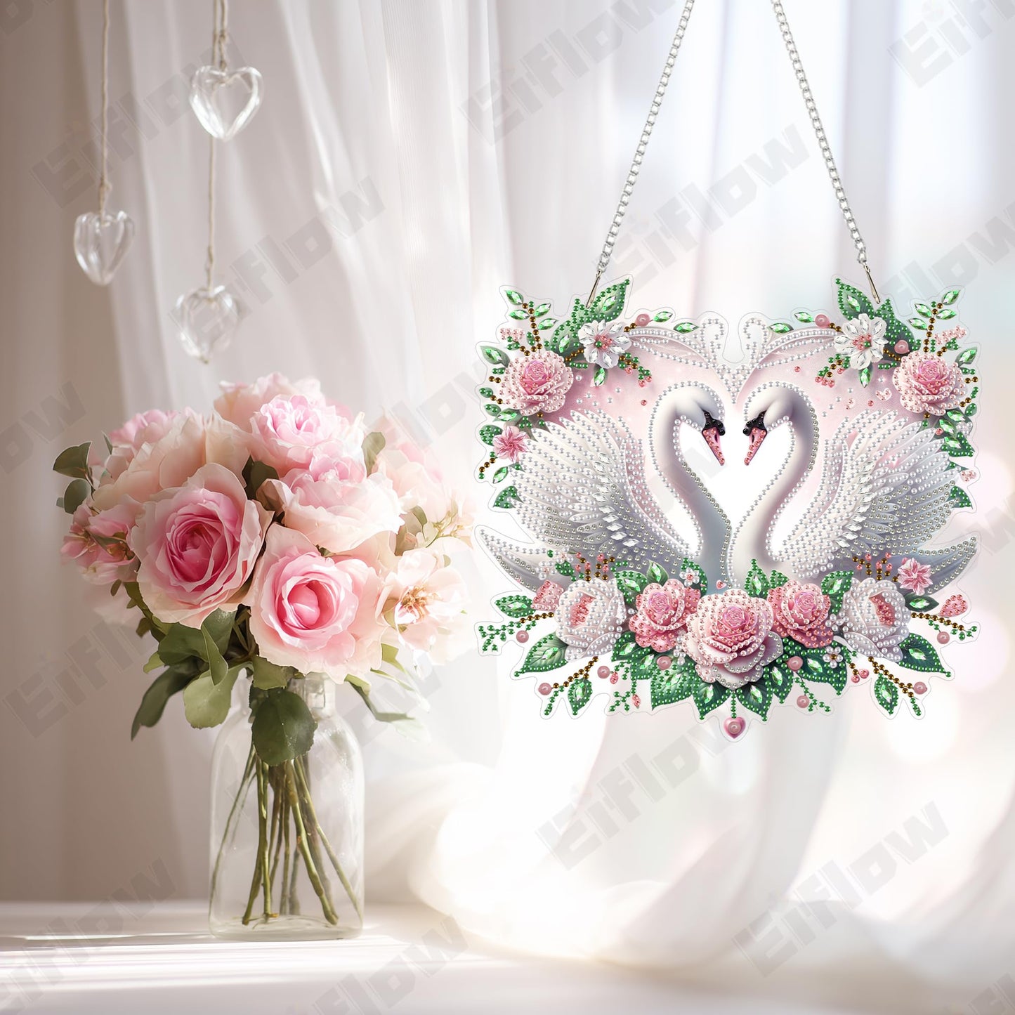 Eiflow Acrylic Diamond Art Hanging Kit for Adults Love, DIY Diamonds Painting Door Hanger Board Kit, Special Crystal Diamond Art Painting Pendant Ornament (Swans)