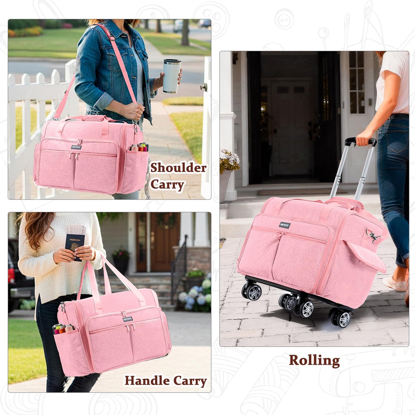 AMOIGEE Full-Open Sewing Machine Case with Wheels, Large Rolling Sewing Machine Bag with Detachable Foldable Dolly, Heavy-Duty Embroidery Tote for Brother Singer Janome Standard Machines Storage