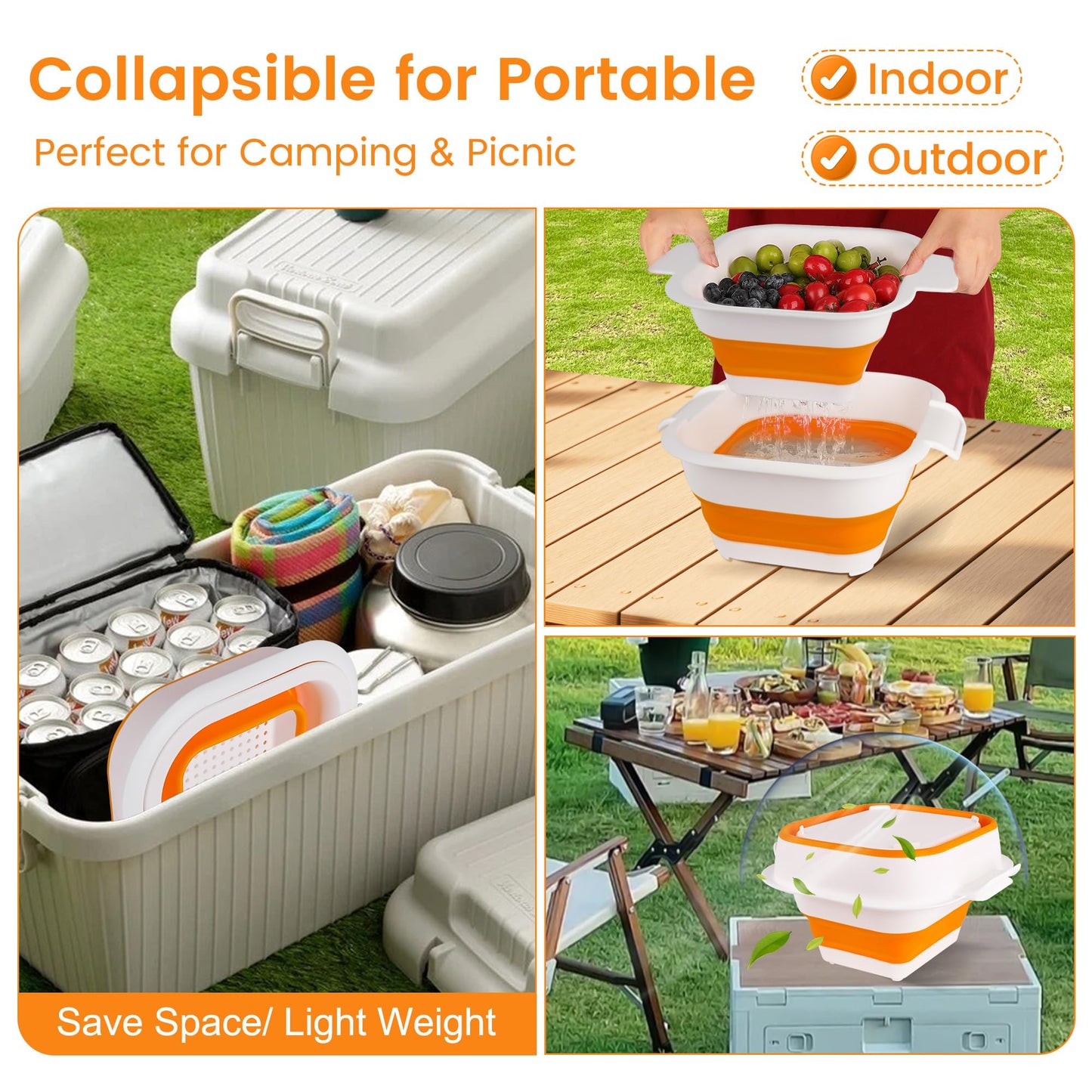 ROTTOGOON Collapsible Colander Set with Strainer Bowl, 2 in 1 Fruit Washing Basket with Strainer, 5 + 3 QT Plastic Colanders for Kitchen, Foldable Double Layered Colanders Bowl for Vegetable, Grey