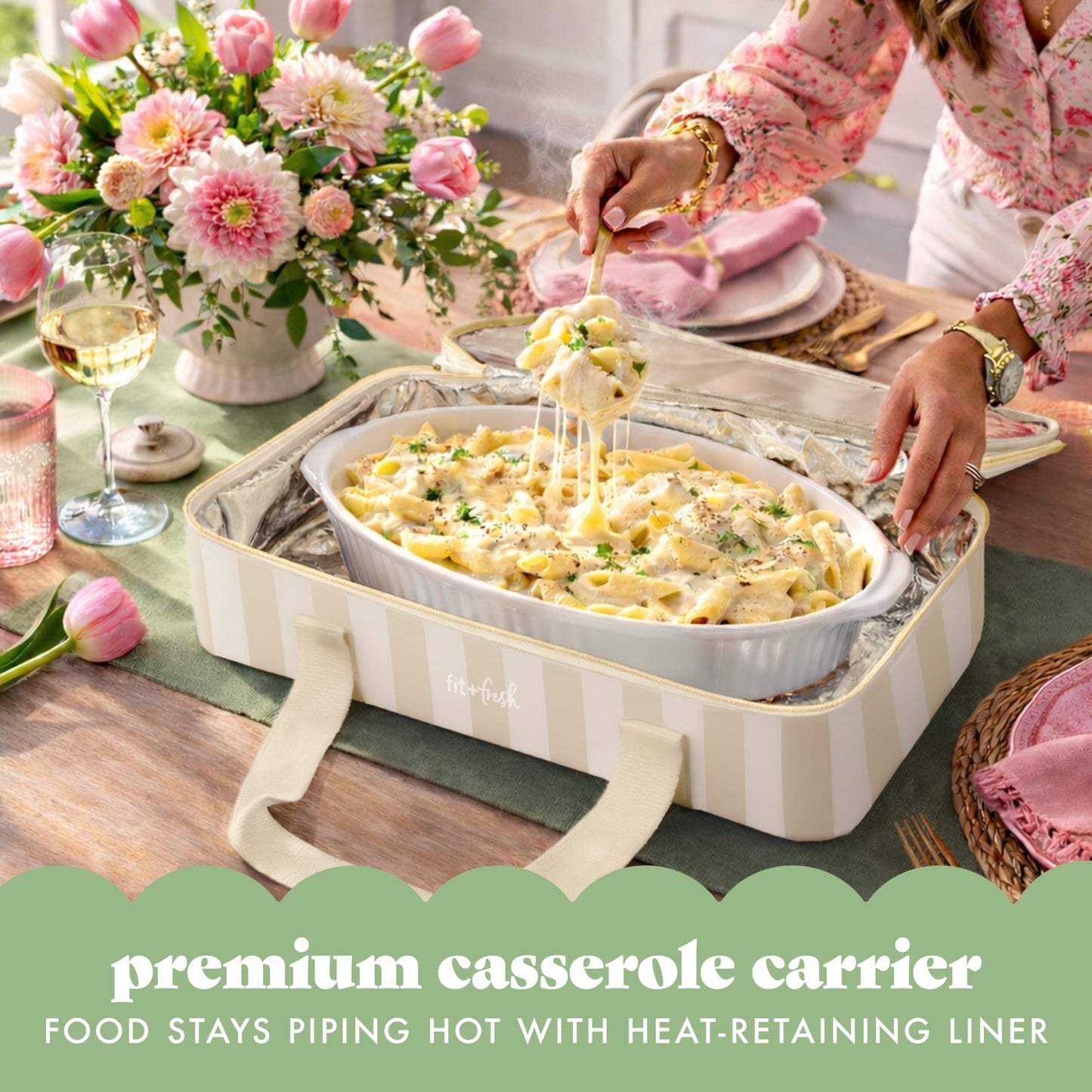 Fit & Fresh Insulated Casserole Carrier - Double Decker Food Carrier Fits Two 9x13 Dishes, Expandable Hot & Cold Food Transport Bag with Zipper Pocket for Potluck, Easter & Travel, Taupe Stripe