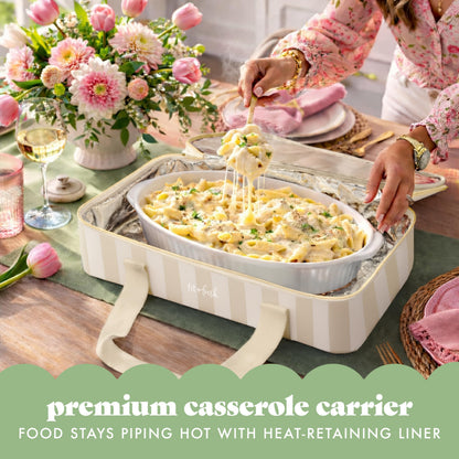 Fit & Fresh Insulated Casserole Carrier - Double Decker Food Carrier Fits Two 9x13 Dishes, Expandable Hot & Cold Food Transport Bag with Zipper Pocket for Potluck, Easter & Travel, Taupe Stripe